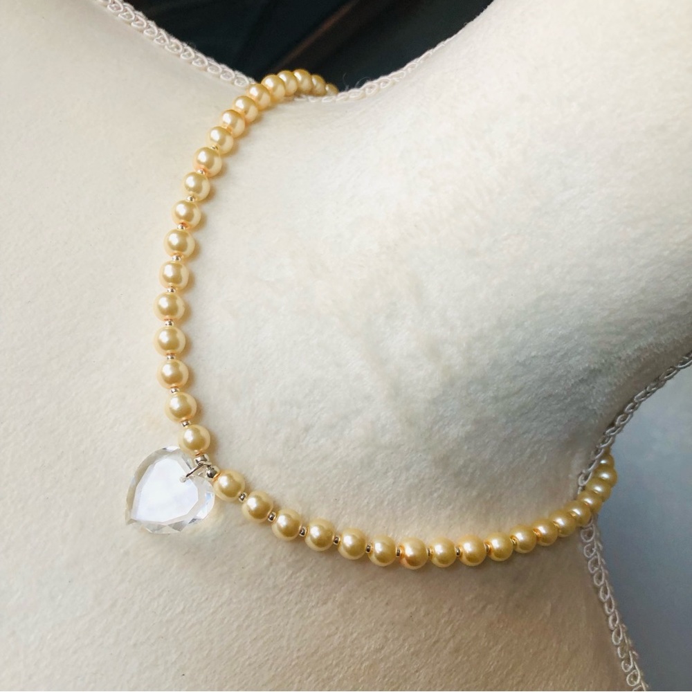 Handcrafted repurpose faceted heart crystal pendant Czech glass Pearl necklace